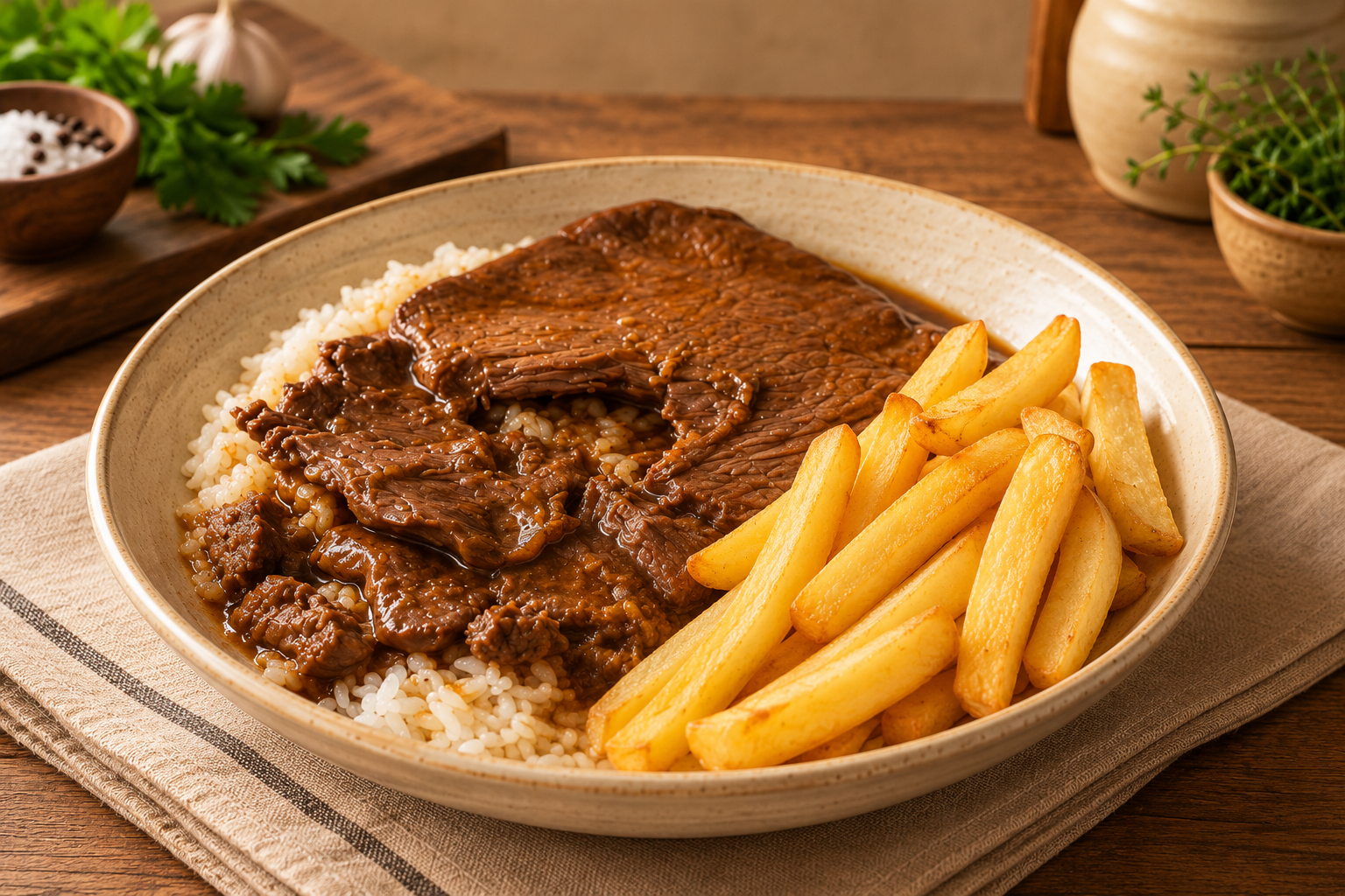 Carne a la Cacerola con arroz y papas RIHAÜS